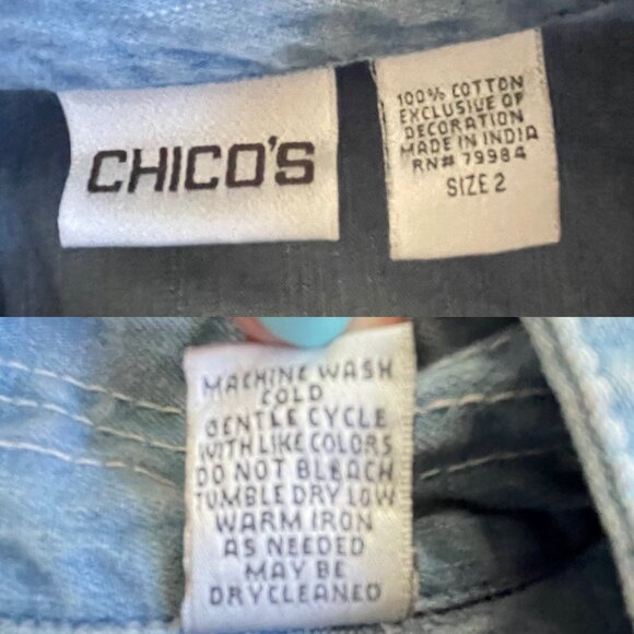 Chico’s Blue Denim Embroidered Button Up Mock Neck Long Sleeve Shirt Women’s 2/L - Picture 3 of 9